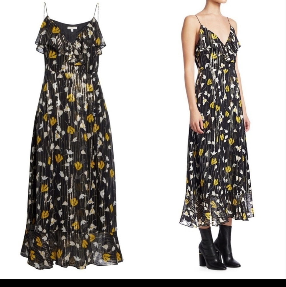 Joie Kenny Silk Blend Floral Metallic Stripe Ruffle Wrap Maxi Dress Sz S - Picture 4 of 14
